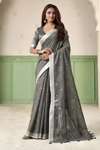 Grey linen cotton saree with silver zari border & woven buti design