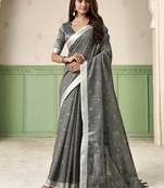 Grey linen cotton saree with silver zari border & woven buti design