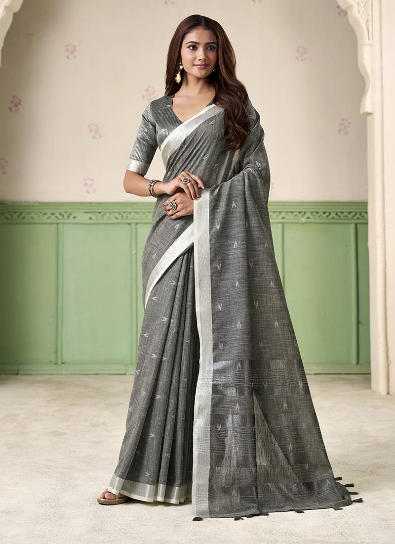 Grey linen cotton saree with silver zari border & woven buti design