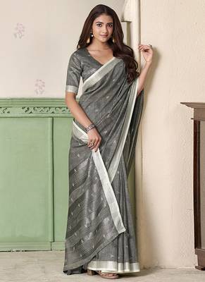 Grey linen cotton saree with silver zari border & woven buti design 3