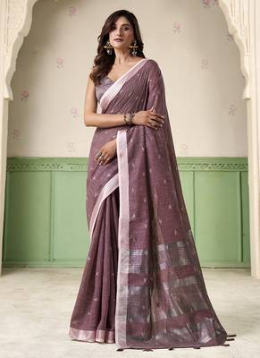 Violet linen cotton saree with silver zari border & woven buti design 1