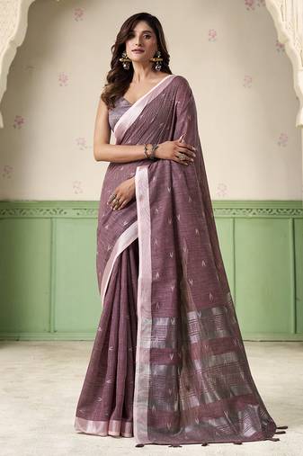 Violet linen cotton saree with silver zari border & woven buti design
