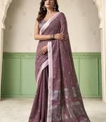 Violet linen cotton saree with silver zari border & woven buti design