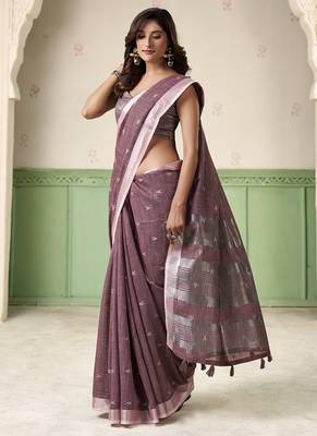 Violet linen cotton saree with silver zari border & woven buti design 2