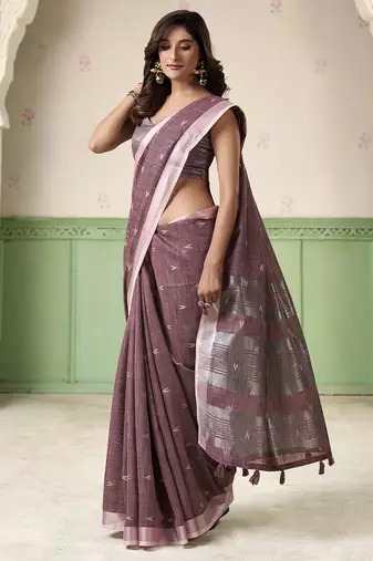 Violet linen cotton saree with silver zari border & woven buti design