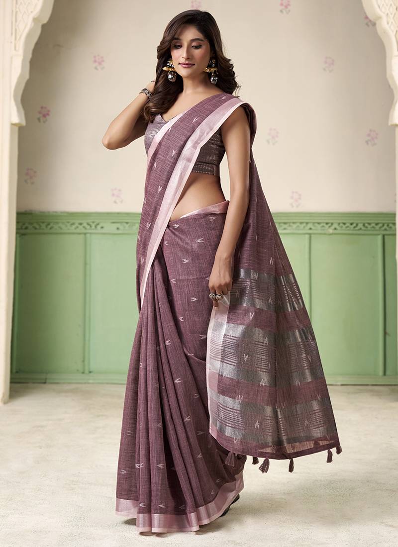 Violet linen cotton saree with silver zari border & woven buti design