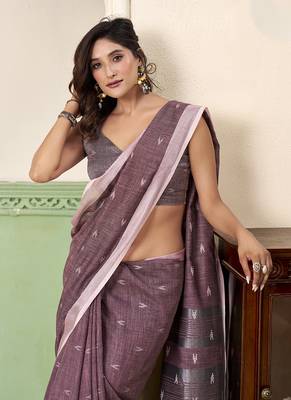 Violet linen cotton saree with silver zari border & woven buti design 3