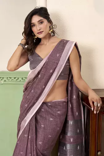 Violet linen cotton saree with silver zari border & woven buti design