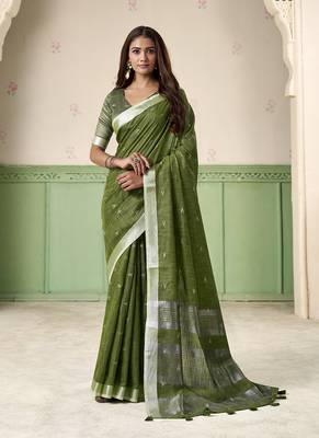 Olive linen cotton saree with silver zari border & woven buti design 1