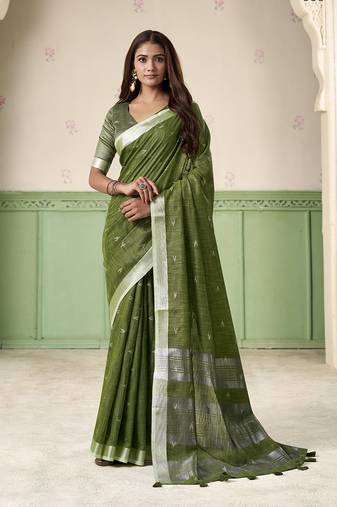 Olive linen cotton saree with silver zari border & woven buti design