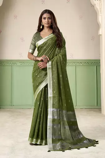 Olive linen cotton saree with silver zari border & woven buti design