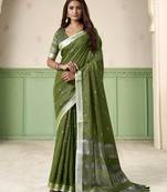 Olive linen cotton saree with silver zari border & woven buti design