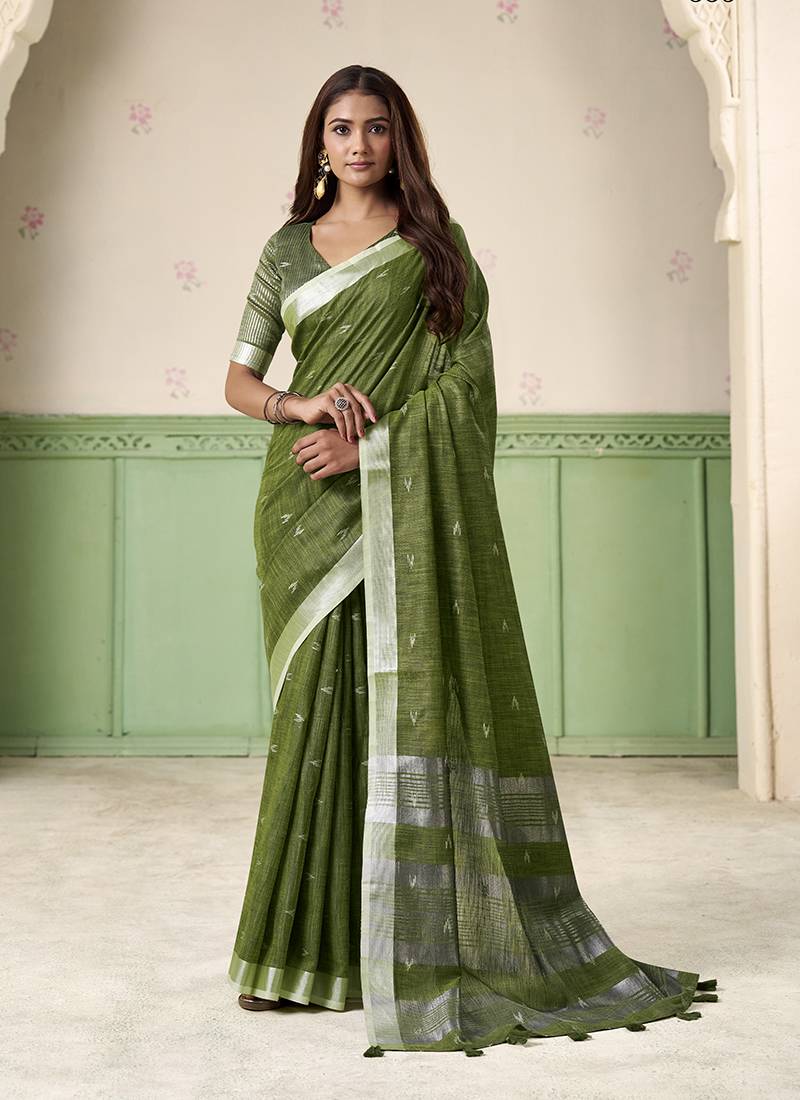Olive linen cotton saree with silver zari border & woven buti design