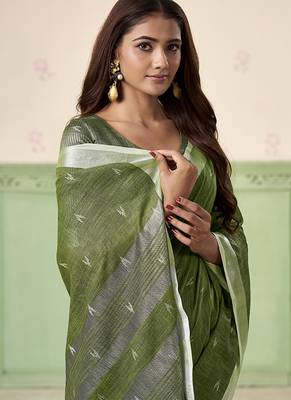 Olive linen cotton saree with silver zari border & woven buti design 2