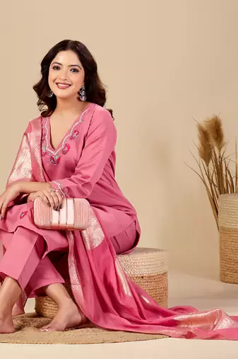 Pink roman fabric handwork applique suit set with heavy jacquard dupatta
