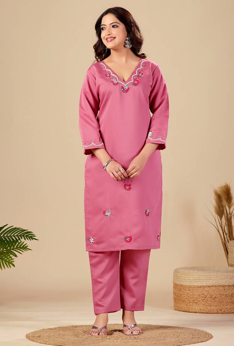 Pink roman fabric handwork applique suit set with heavy jacquard dupatta
