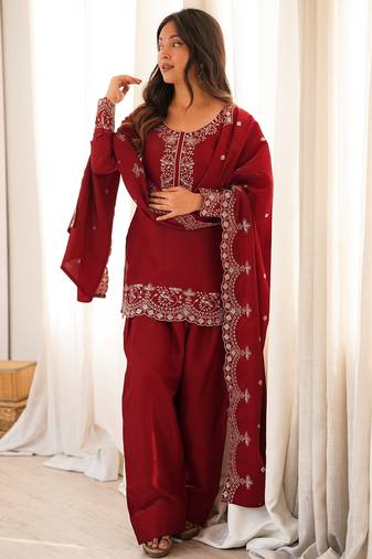 Maroon roman silk embroidered kurta farshi shalwar dupatta set
