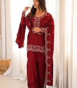 Maroon roman silk embroidered kurta farshi shalwar dupatta set
