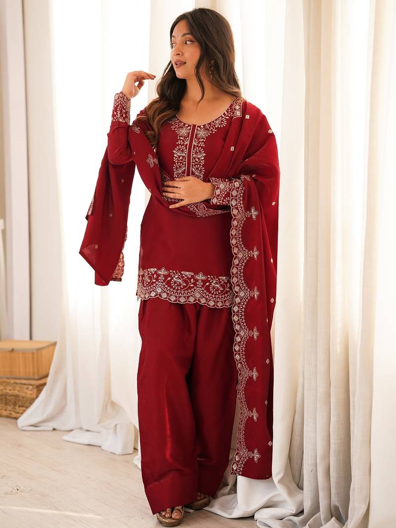 Maroon roman silk embroidered kurta farshi shalwar dupatta set
