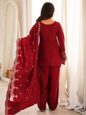 Maroon roman silk embroidered kurta farshi shalwar dupatta set 2
