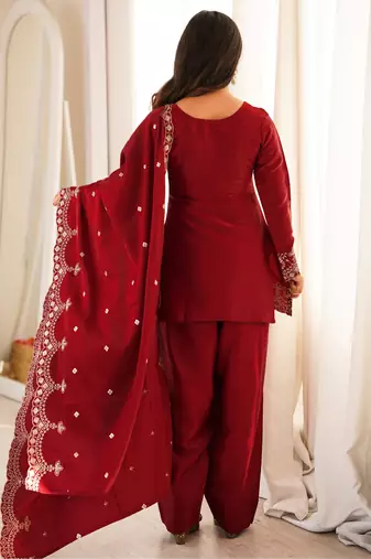 Maroon roman silk embroidered kurta farshi shalwar dupatta set