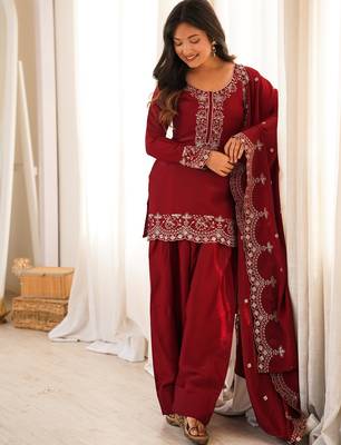 Maroon roman silk embroidered kurta farshi shalwar dupatta set 3