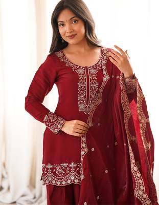 Maroon roman silk embroidered kurta farshi shalwar dupatta set 4