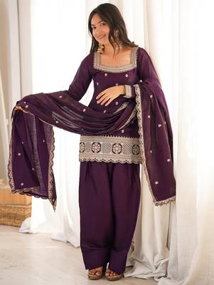Purple roman silk embroidered kurta farshi shalwar dupatta set 1