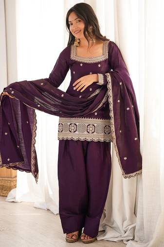 Purple roman silk embroidered kurta farshi shalwar dupatta set