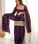 Purple roman silk embroidered kurta farshi shalwar dupatta set
