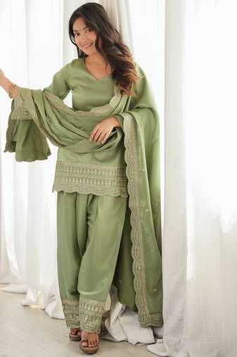 Elegant sage green roman silk embroidered kurta with farshi shalwar and designer dupatta set