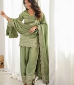 Elegant sage green roman silk embroidered kurta with farshi shalwar and designer dupatta set