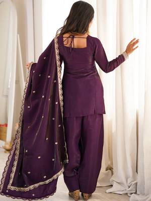 Purple roman silk embroidered kurta farshi shalwar dupatta set 2