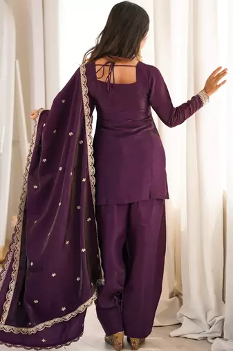 Purple roman silk embroidered kurta farshi shalwar dupatta set