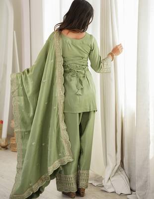 Elegant sage green roman silk embroidered kurta with farshi shalwar and designer dupatta set 2