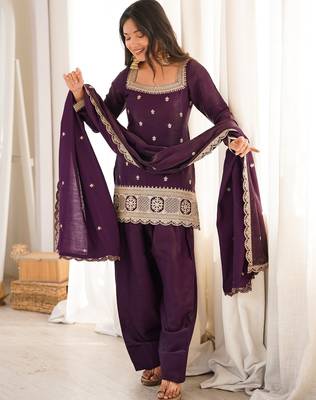 Purple roman silk embroidered kurta farshi shalwar dupatta set 3
