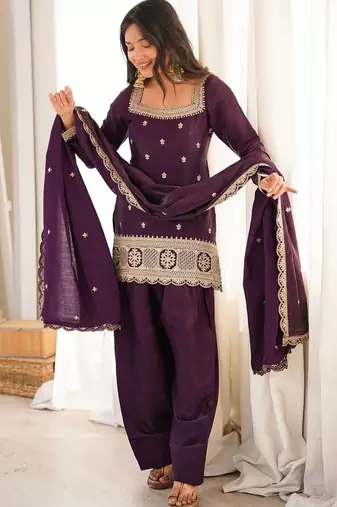Purple roman silk embroidered kurta farshi shalwar dupatta set