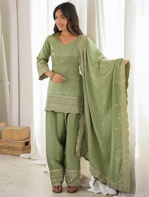 Elegant sage green roman silk embroidered kurta with farshi shalwar and designer dupatta set 3