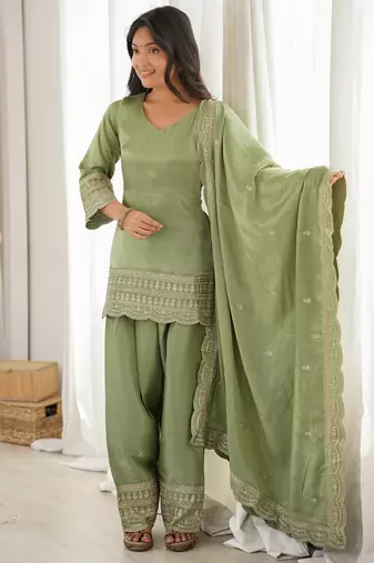 Elegant sage green roman silk embroidered kurta with farshi shalwar and designer dupatta set