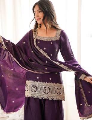 Purple roman silk embroidered kurta farshi shalwar dupatta set 4