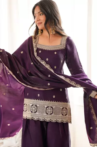 Purple roman silk embroidered kurta farshi shalwar dupatta set