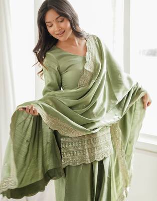 Elegant sage green roman silk embroidered kurta with farshi shalwar and designer dupatta set 4