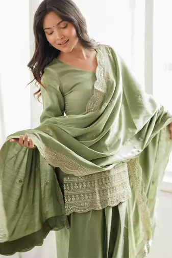 Elegant sage green roman silk embroidered kurta with farshi shalwar and designer dupatta set