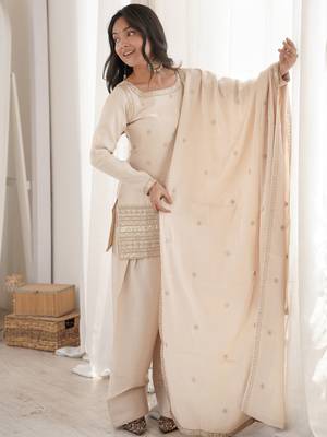 Cream roman silk embroidered kurta farshi shalwar dupatta set 1