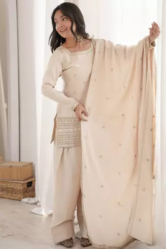 Cream roman silk embroidered kurta farshi shalwar dupatta set