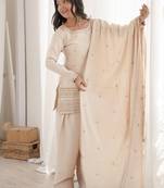 Cream roman silk embroidered kurta farshi shalwar dupatta set