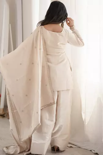 Cream roman silk embroidered kurta farshi shalwar dupatta set