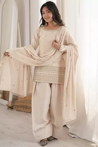 Cream roman silk embroidered kurta farshi shalwar dupatta set