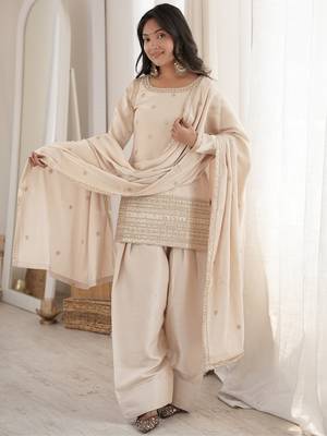 Cream roman silk embroidered kurta farshi shalwar dupatta set 5