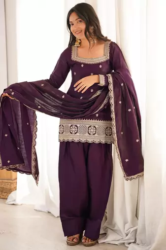 Purple roman silk embroidered kurta farshi shalwar dupatta set